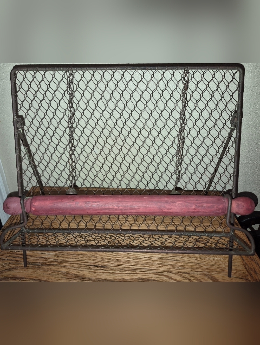 Antique Chicken Wire Cookbook Stand, Red Wooden Bar, Folding Easel - Picture 1 of 2